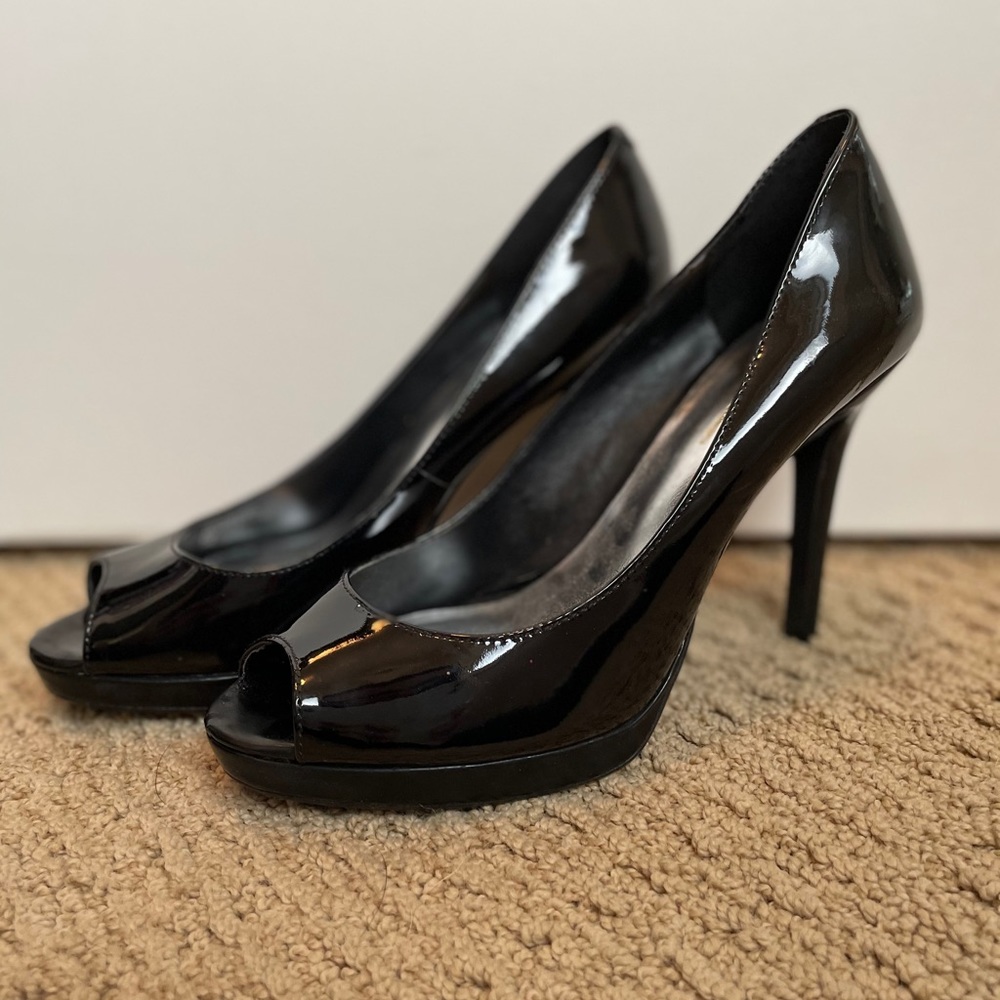 INC 4” Black Patent Leather Peep Toe Heels
